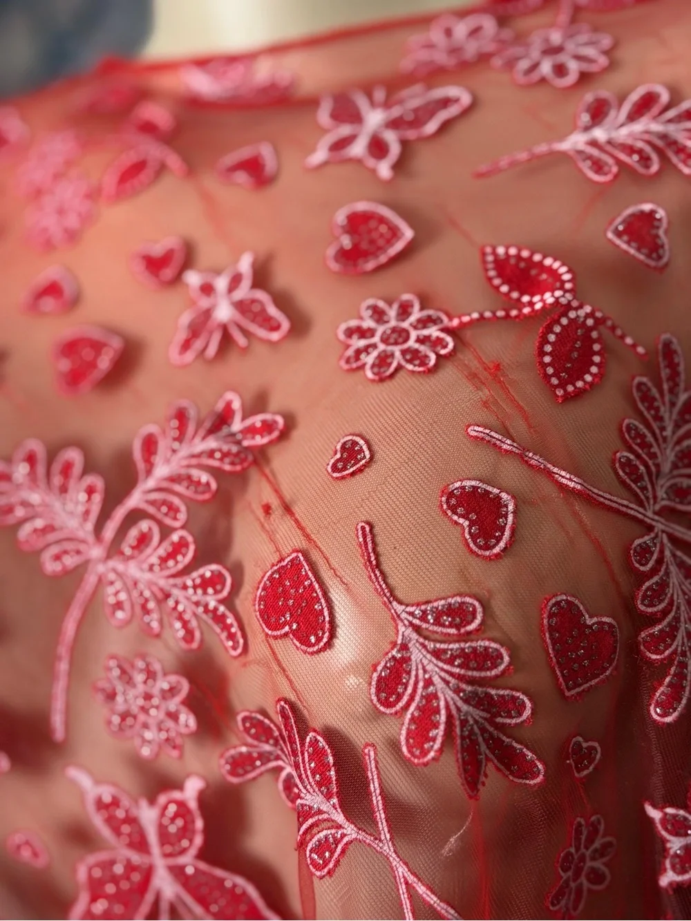 Red Embroidered Fringe Shawl / Scarf Wrap